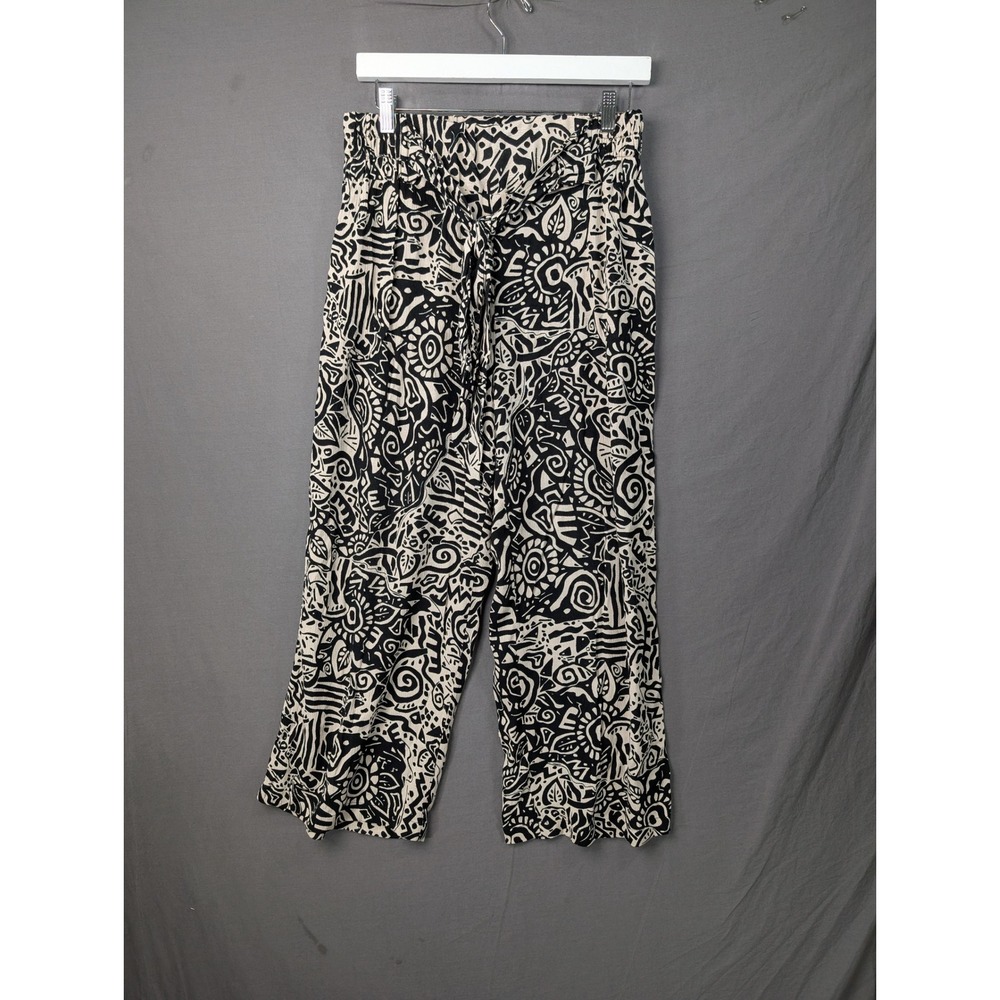 Robert Louis Abstract Graphic Print Wide Leg Rayon Pants Black Cream Small